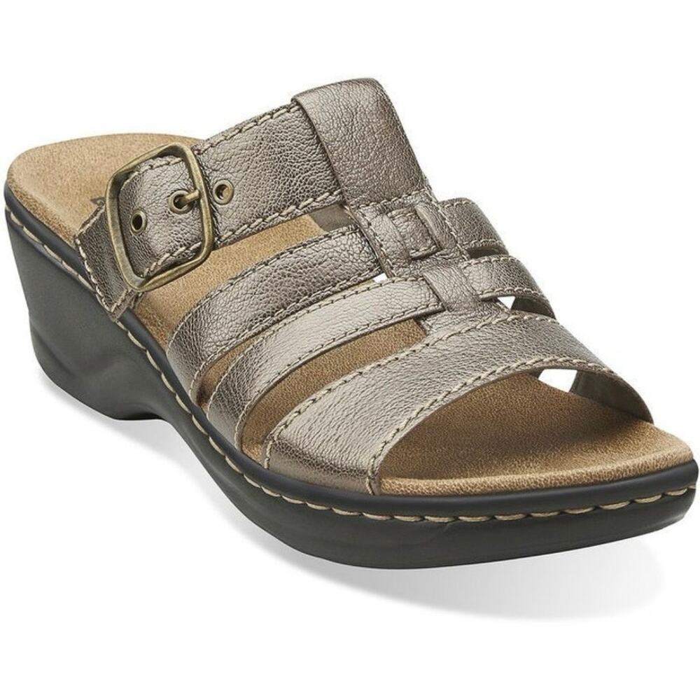Clarks Lexi Alloy Slide Sandal Bronze Leather Open Toe Strappy Buckle Size 7